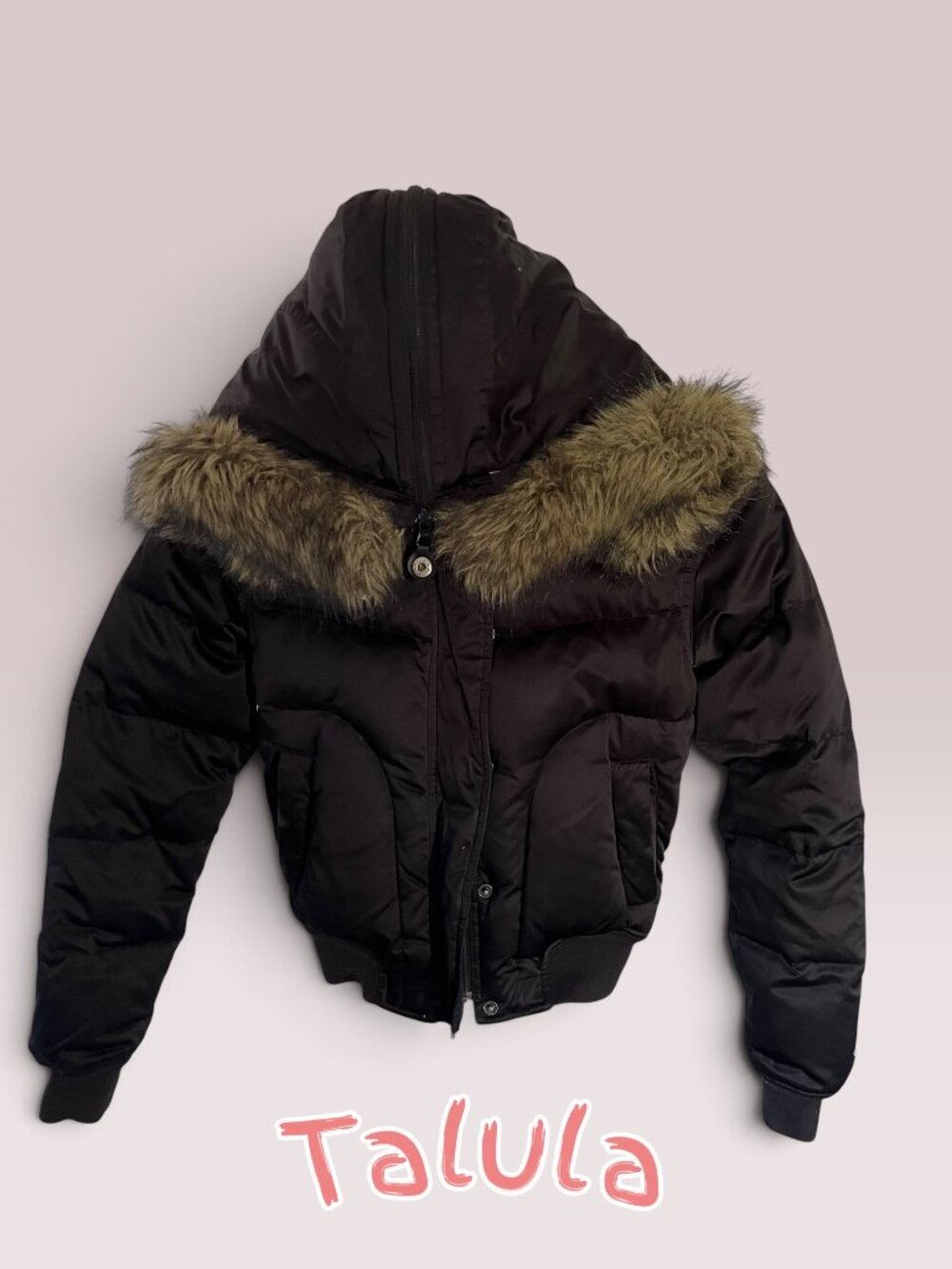 Aritzia Talula Black Duck Down Bomber Puffer Jacket Faux Fur Hood Size Sm